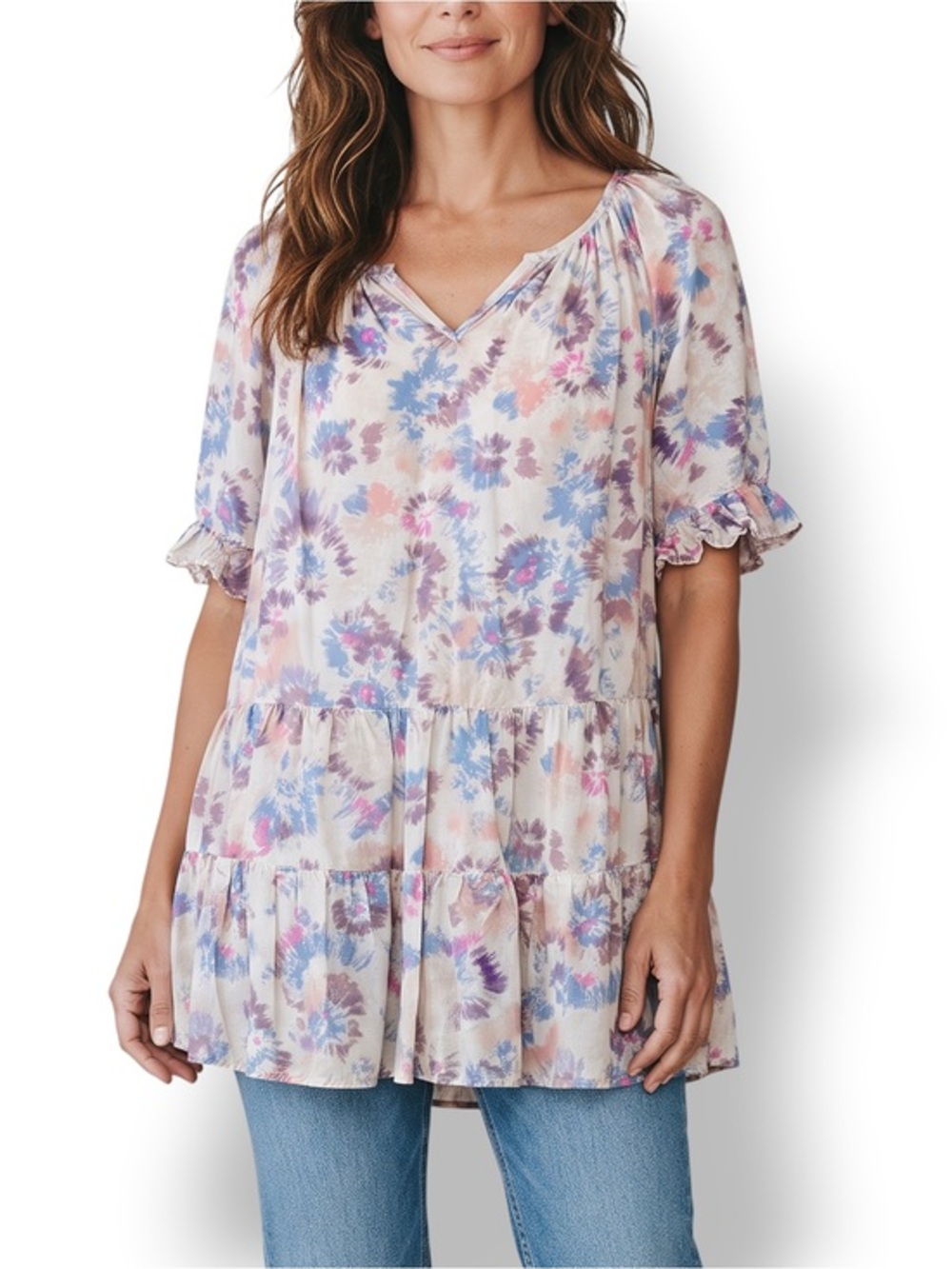 4/$20 BeachLunchLounge Floral Tiered Babydoll Tunic Top Small Tie-Dye Boho
